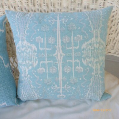 Ikat pillow cover, Mist and White Lacefield Ikat pillow cover, Designer fabric, Blue Ikat Pillows - image2